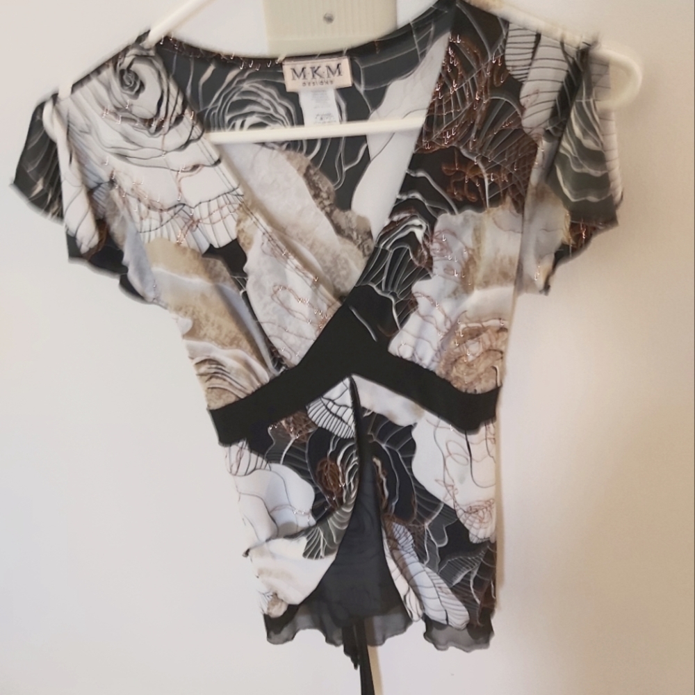 Dressy Chiffon Top, black, white & gold Size Small